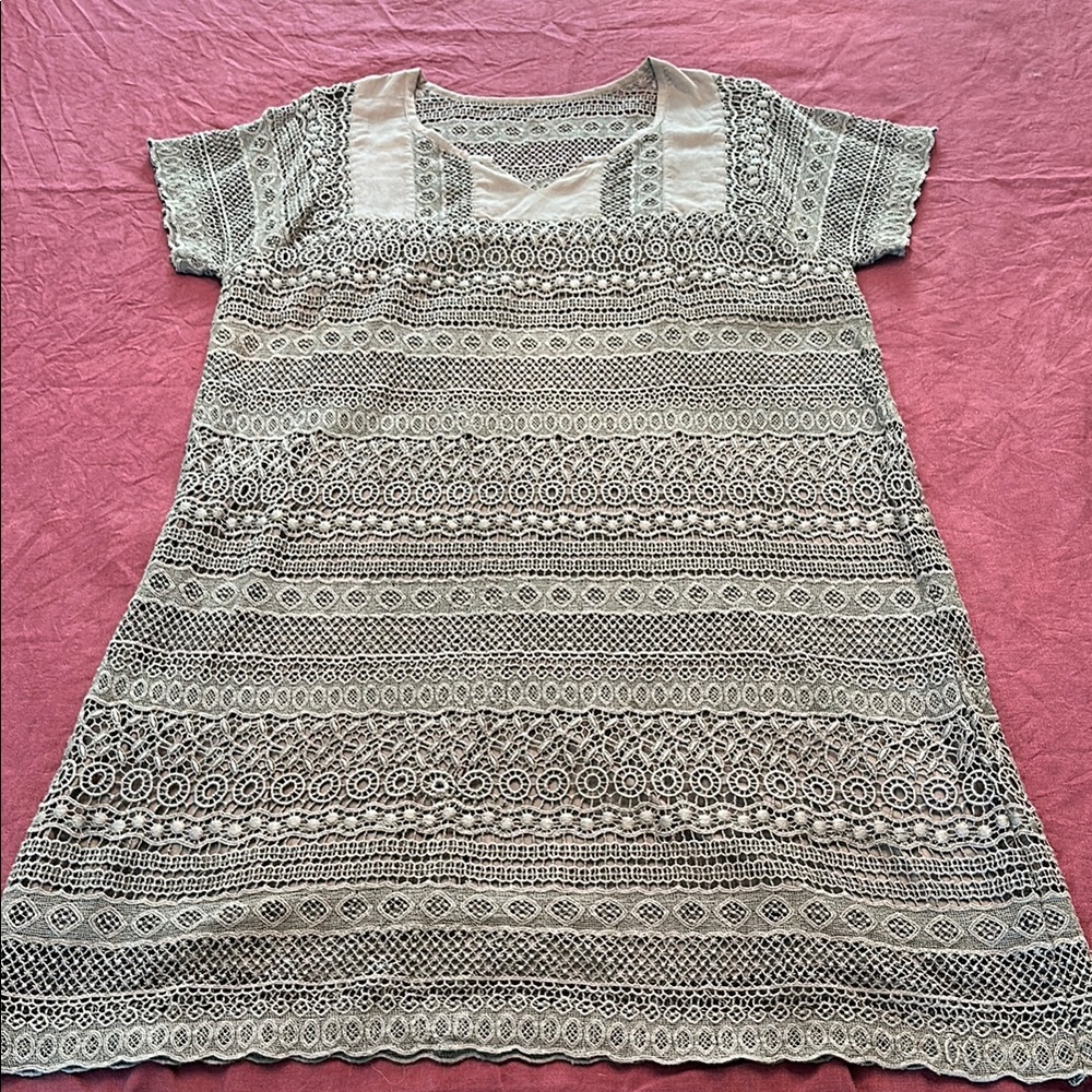 Garnet Hill sz 18 Gray full Lace lined Dress 40” long cap sleeves sheath v-neck